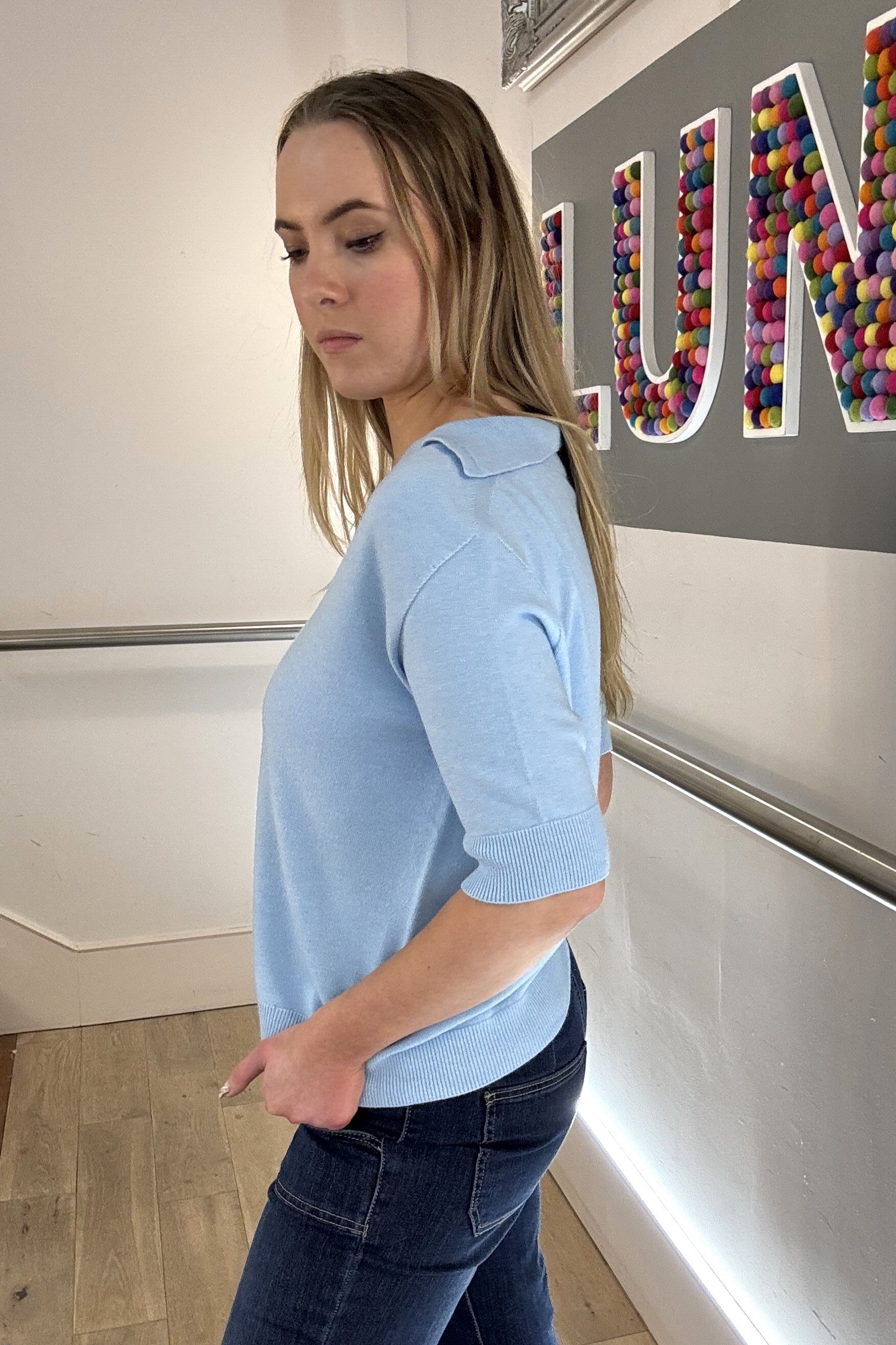 Short Sleeve Collared Fine Knit
