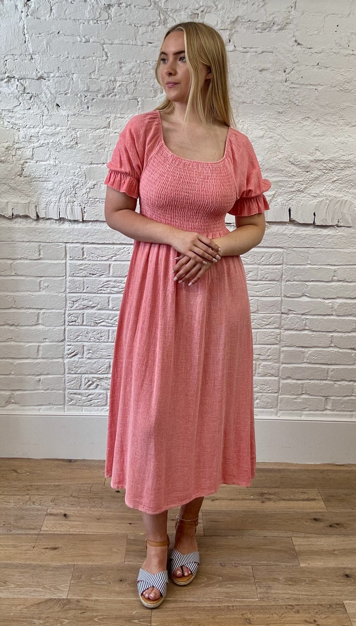 Cotton and Linen Mix Ruched Sleeve Dress