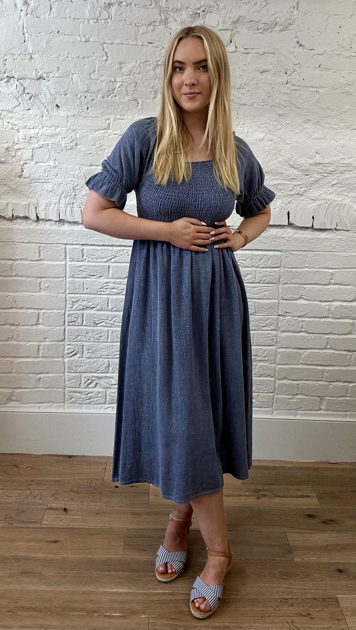 Cotton and Linen Mix Ruched Sleeve Dress