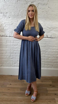 Cotton and Linen Mix Ruched Sleeve Dress