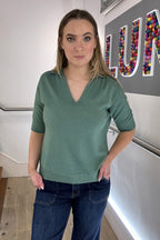Short Sleeve Collared Fine Knit