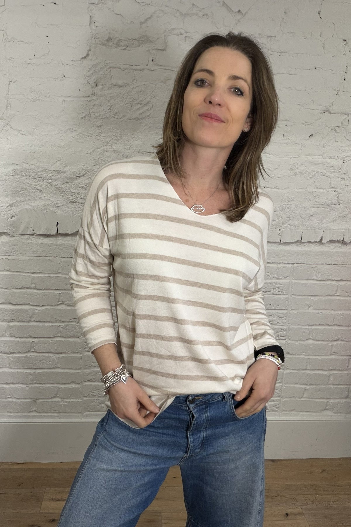 Soft Striped V-Neck Long Sleeve Top