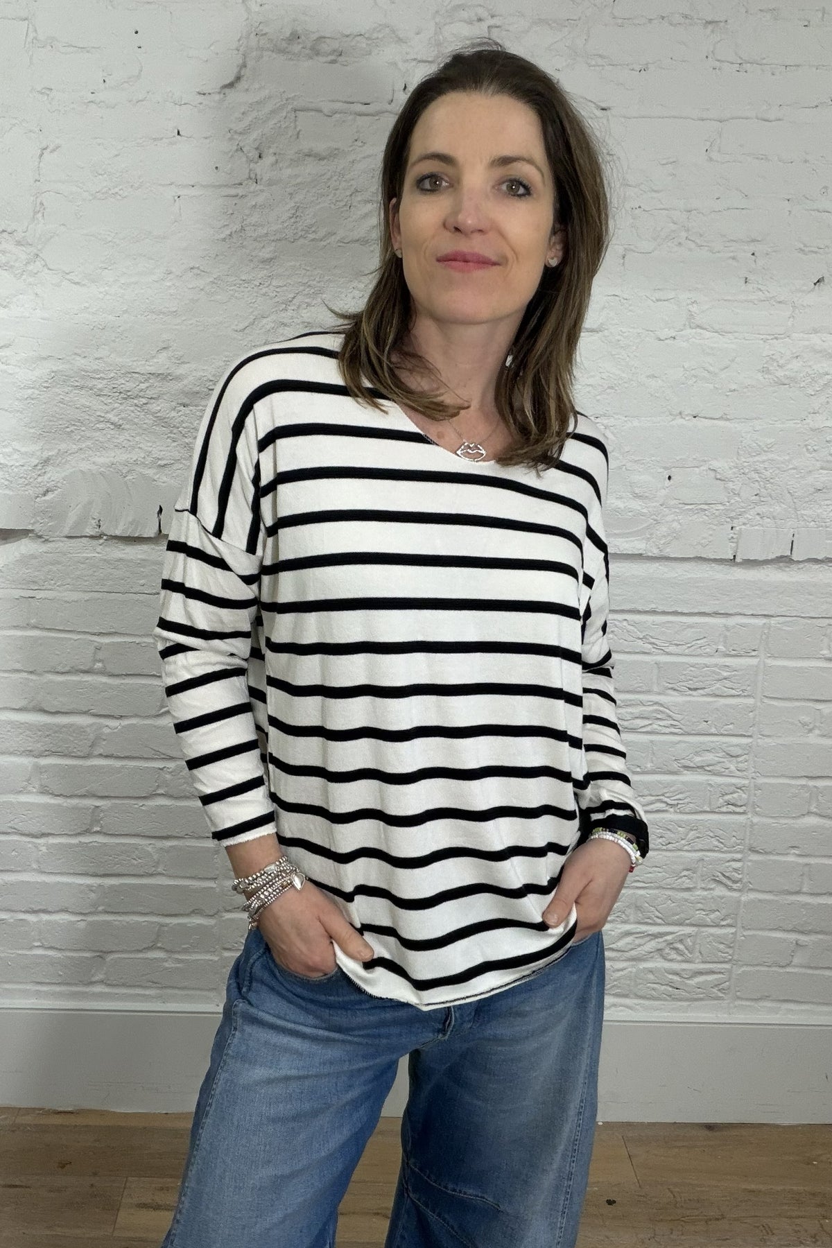 Soft Striped V-Neck Long Sleeve Top