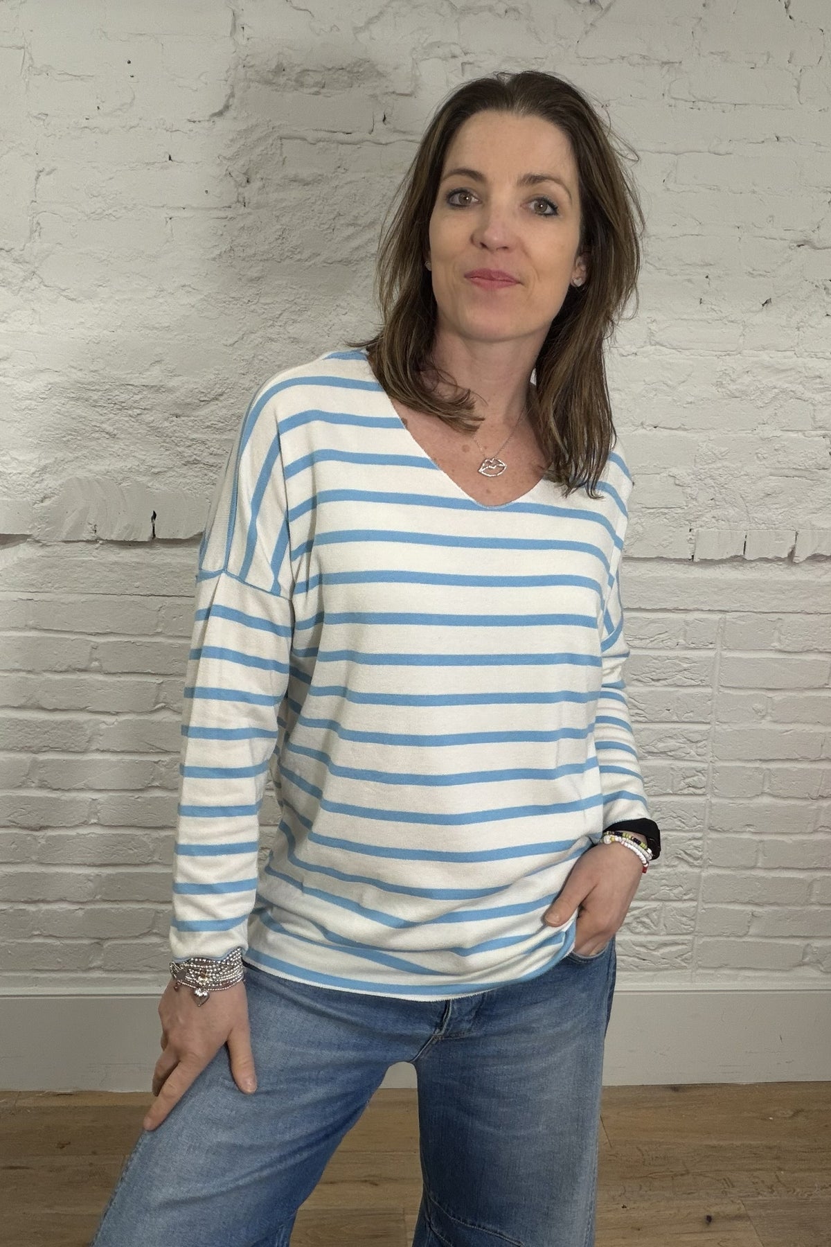 Soft Striped V-Neck Long Sleeve Top