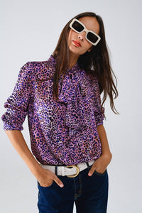 Purple Tie Neck Animal Print Blouse