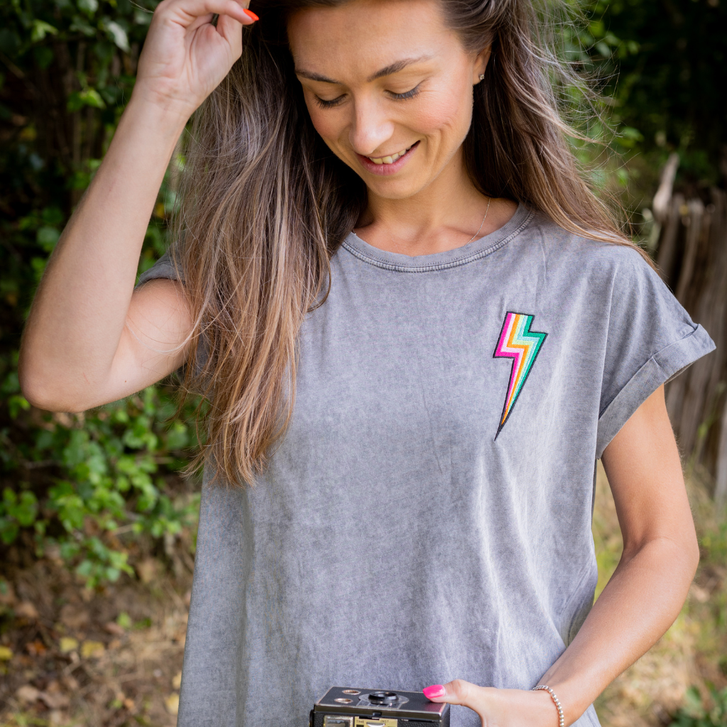 Acid Wash Grey T Shirt with Embroidered Bolt