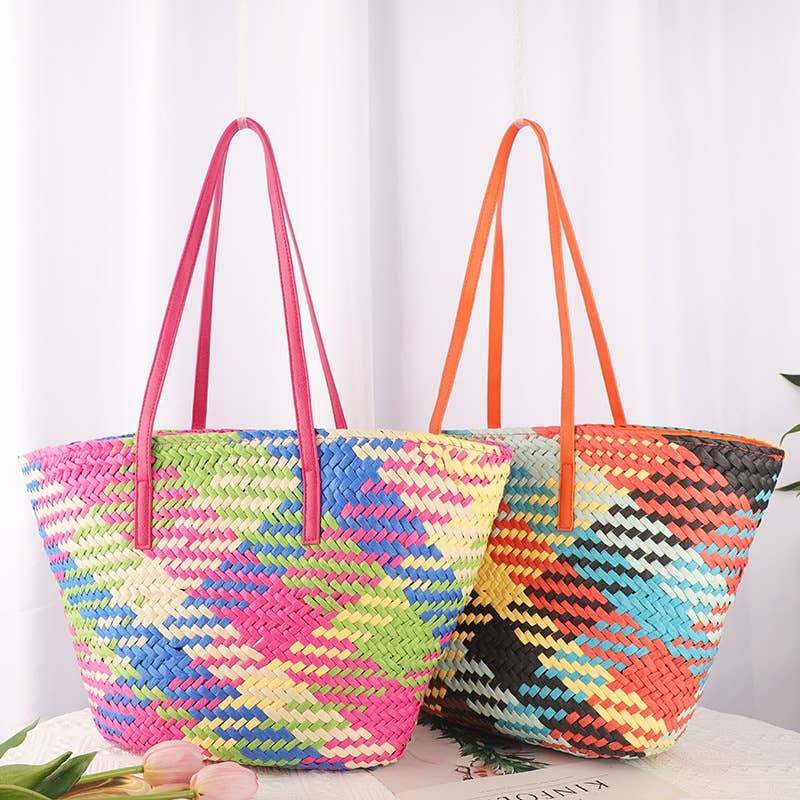 Vibrant Multi Colour Spliced Straw Basket Bags