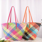 Vibrant Multi Colour Spliced Straw Basket Bags