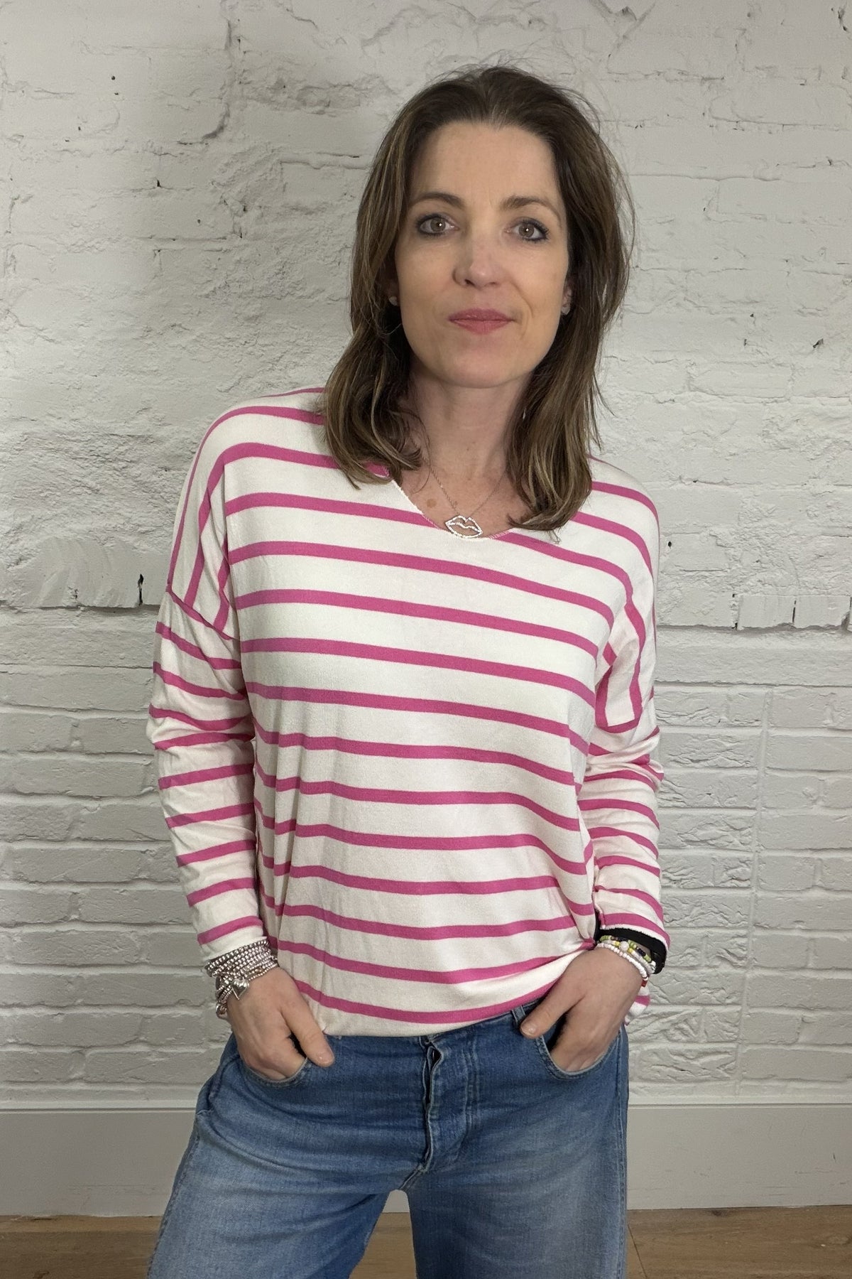 Soft Striped V-Neck Long Sleeve Top