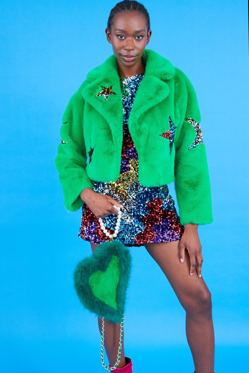 Jayley Bamboo Faux Fur Sequins Star Jacket