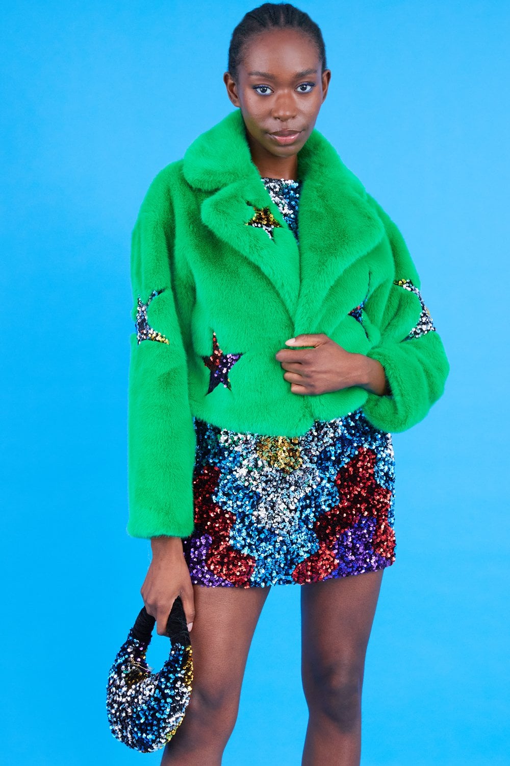 Jayley Bamboo Faux Fur Sequins Star Jacket