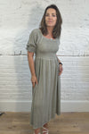 Cotton and Linen Mix Ruched Sleeve Dress