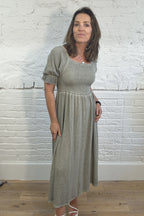 Cotton and Linen Mix Ruched Sleeve Dress
