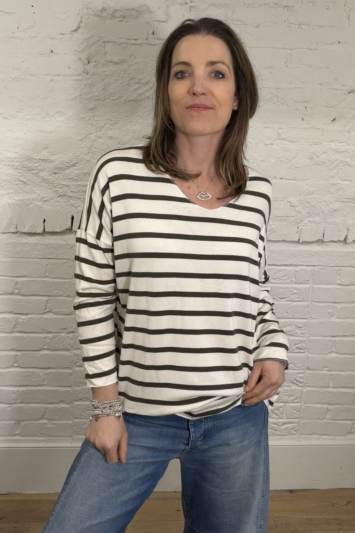 Soft Striped V-Neck Long Sleeve Top