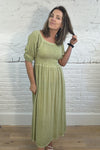 Cotton and Linen Mix Ruched Sleeve Dress