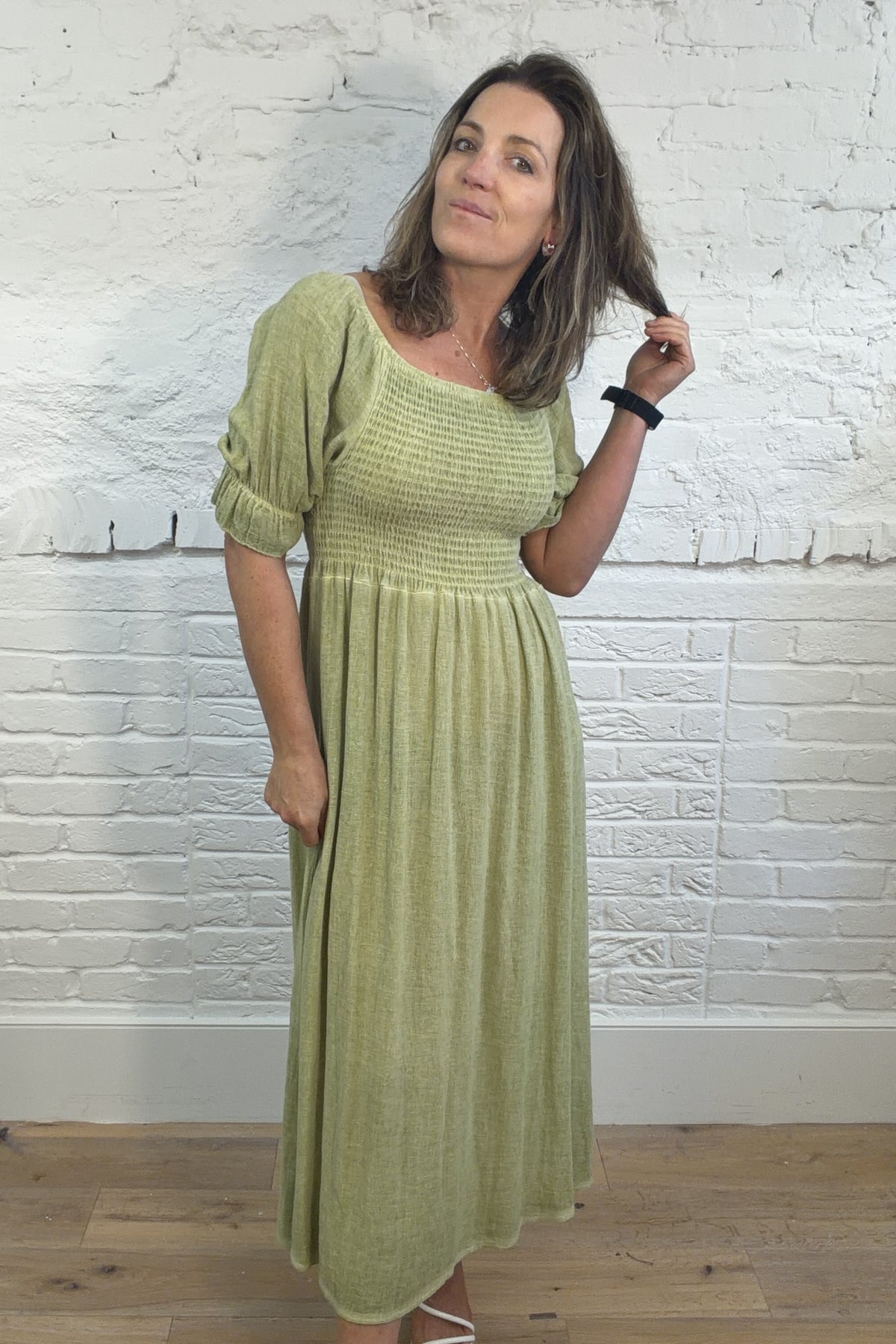 Cotton and Linen Mix Ruched Sleeve Dress