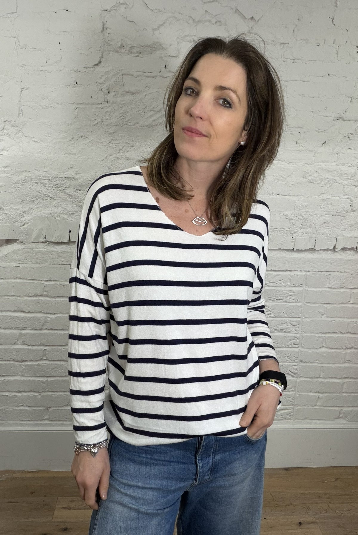 Soft Striped V-Neck Long Sleeve Top