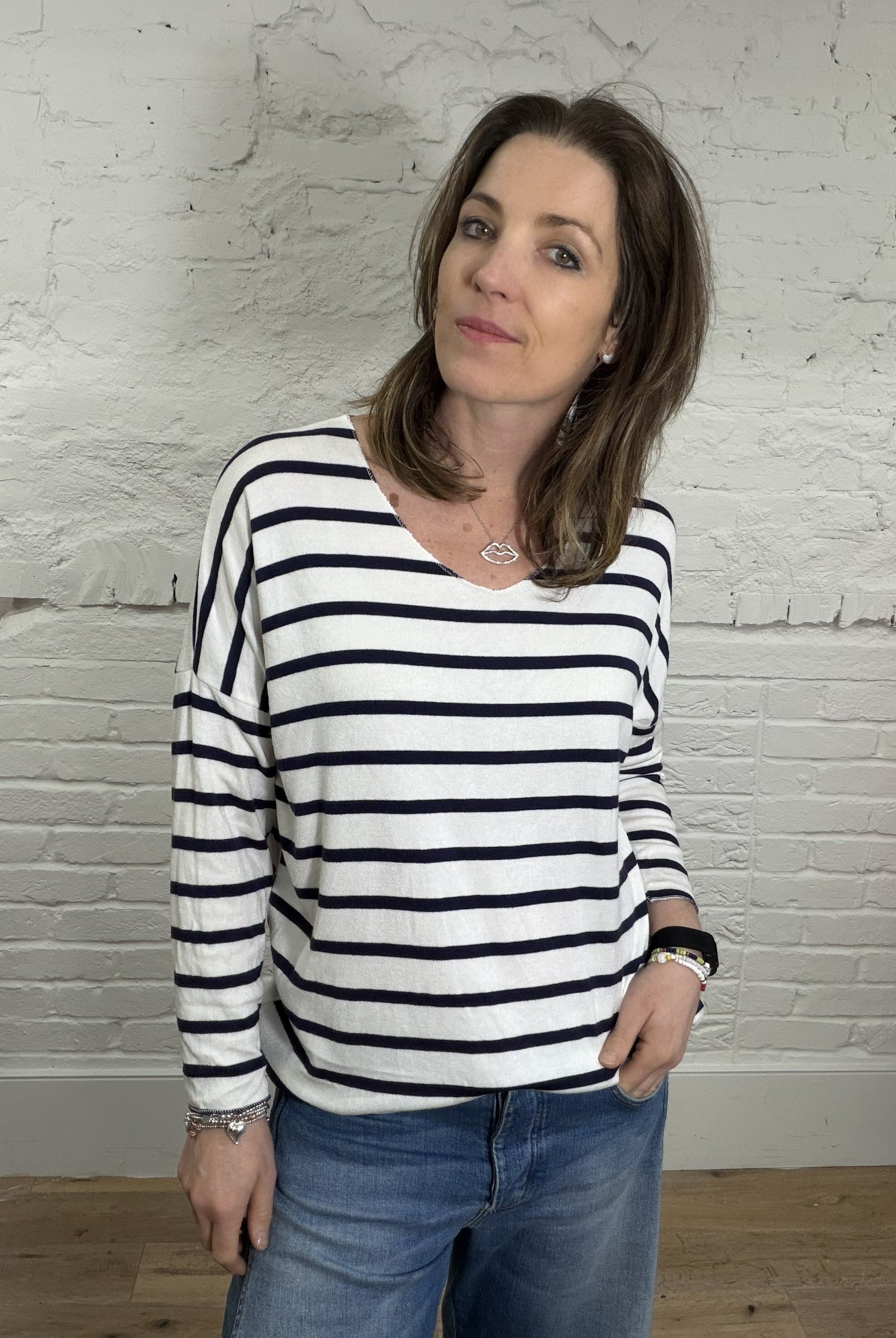Soft Striped V-Neck Long Sleeve Top