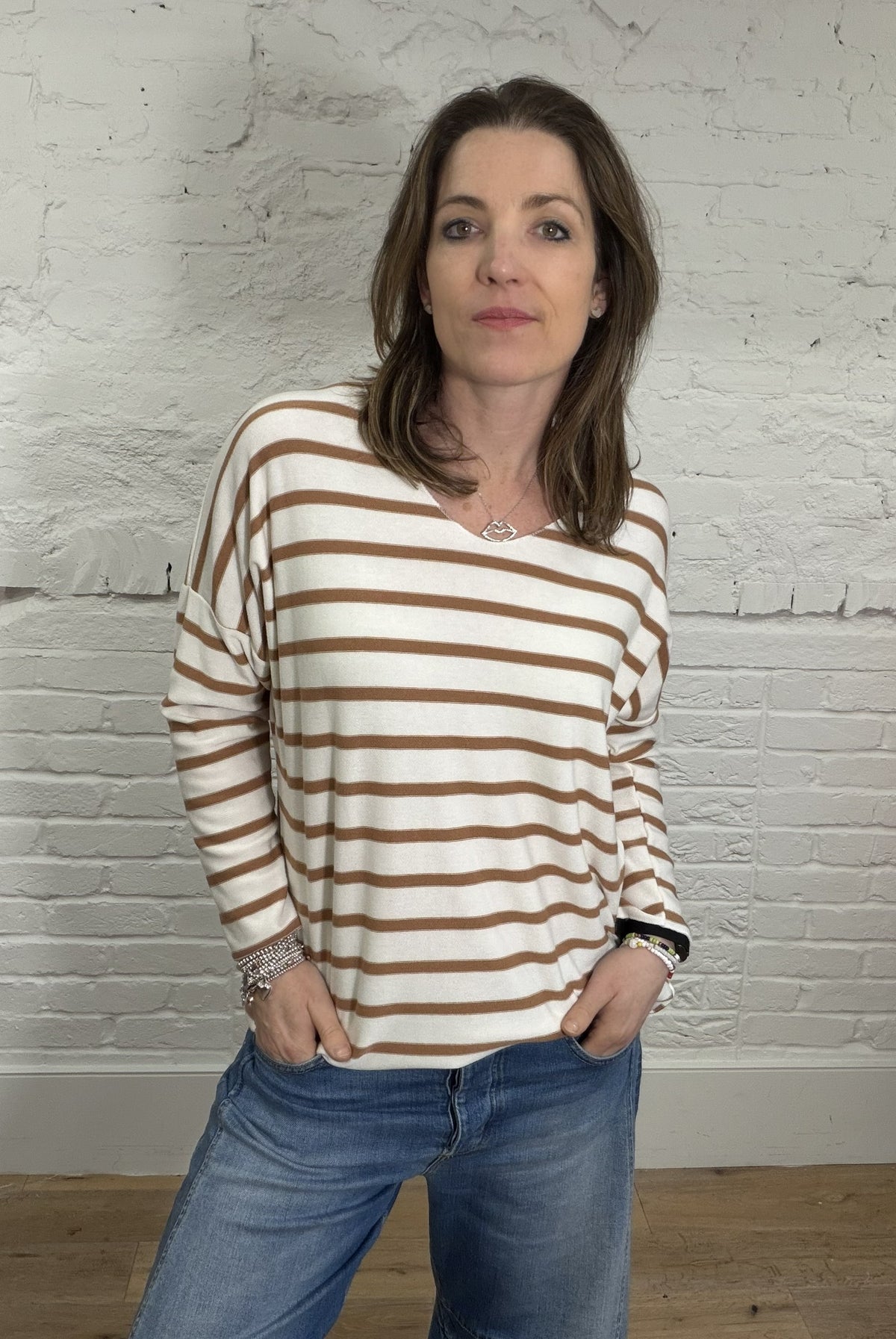 Soft Striped V-Neck Long Sleeve Top