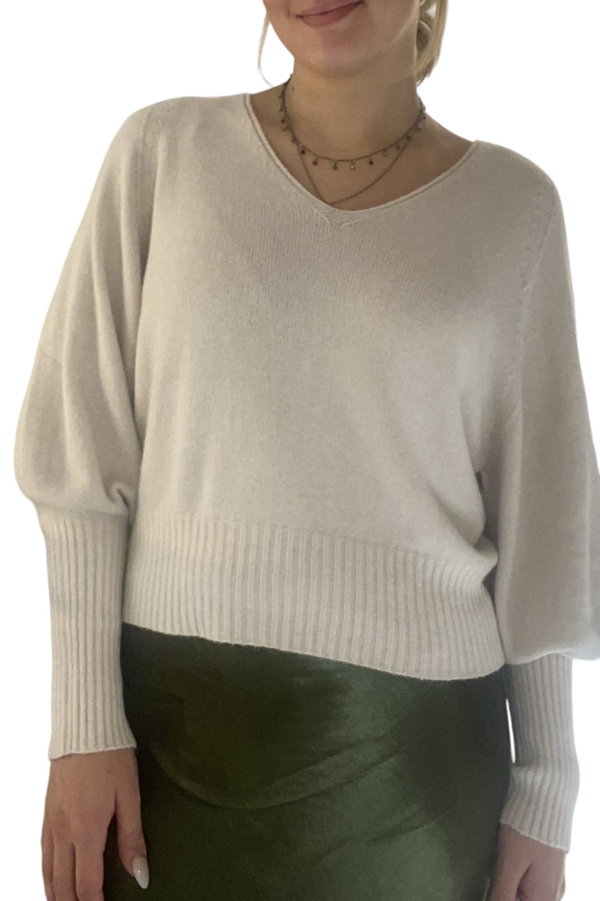 Balloon Sleeve V Neck Jumper