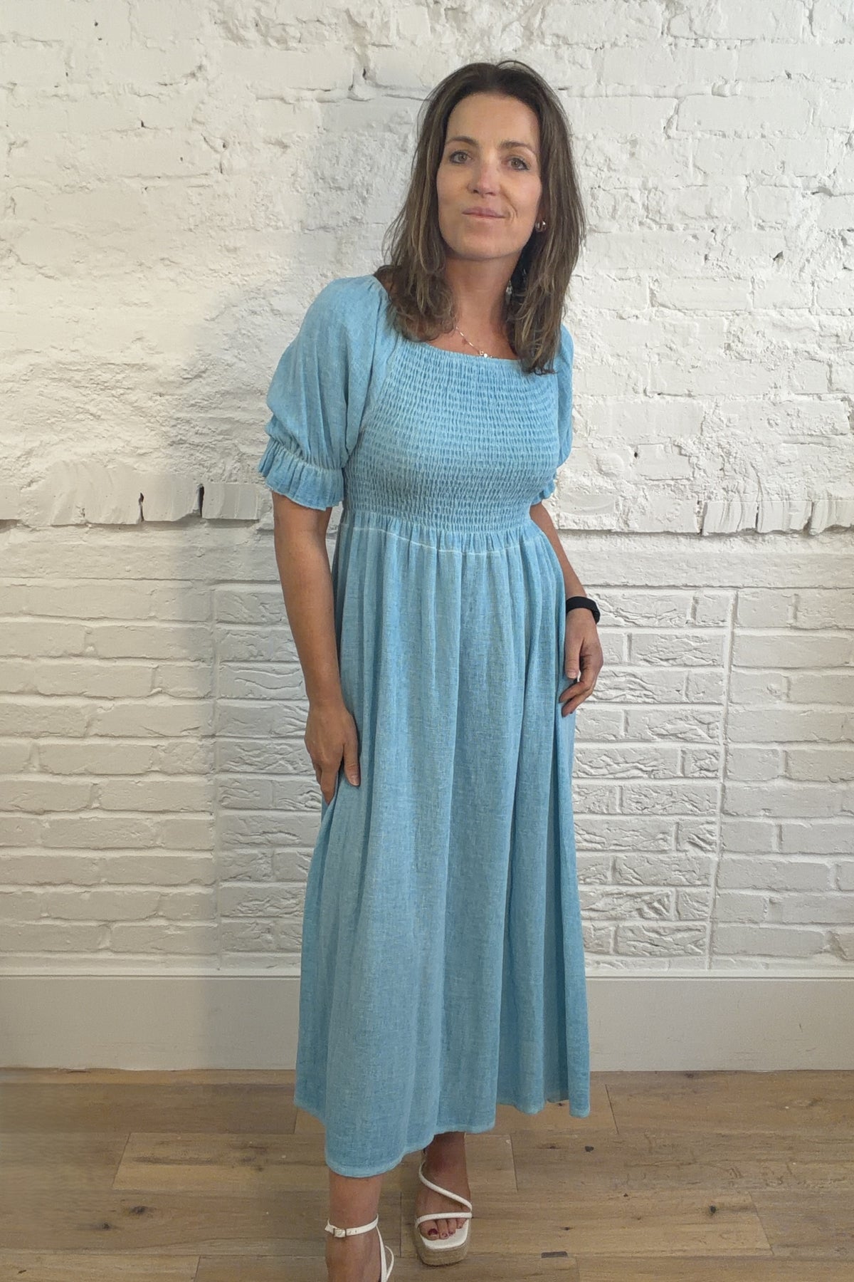 Cotton and Linen Mix Ruched Sleeve Dress