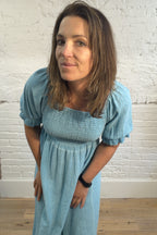 Cotton and Linen Mix Ruched Sleeve Dress