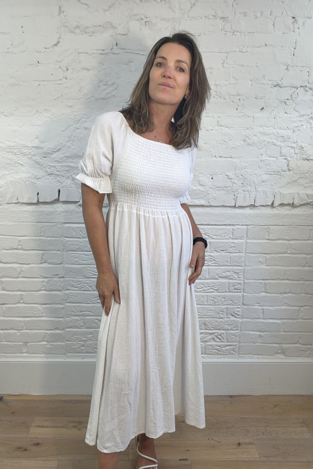 Cotton and Linen Mix Ruched Sleeve Dress