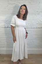 Cotton and Linen Mix Ruched Sleeve Dress