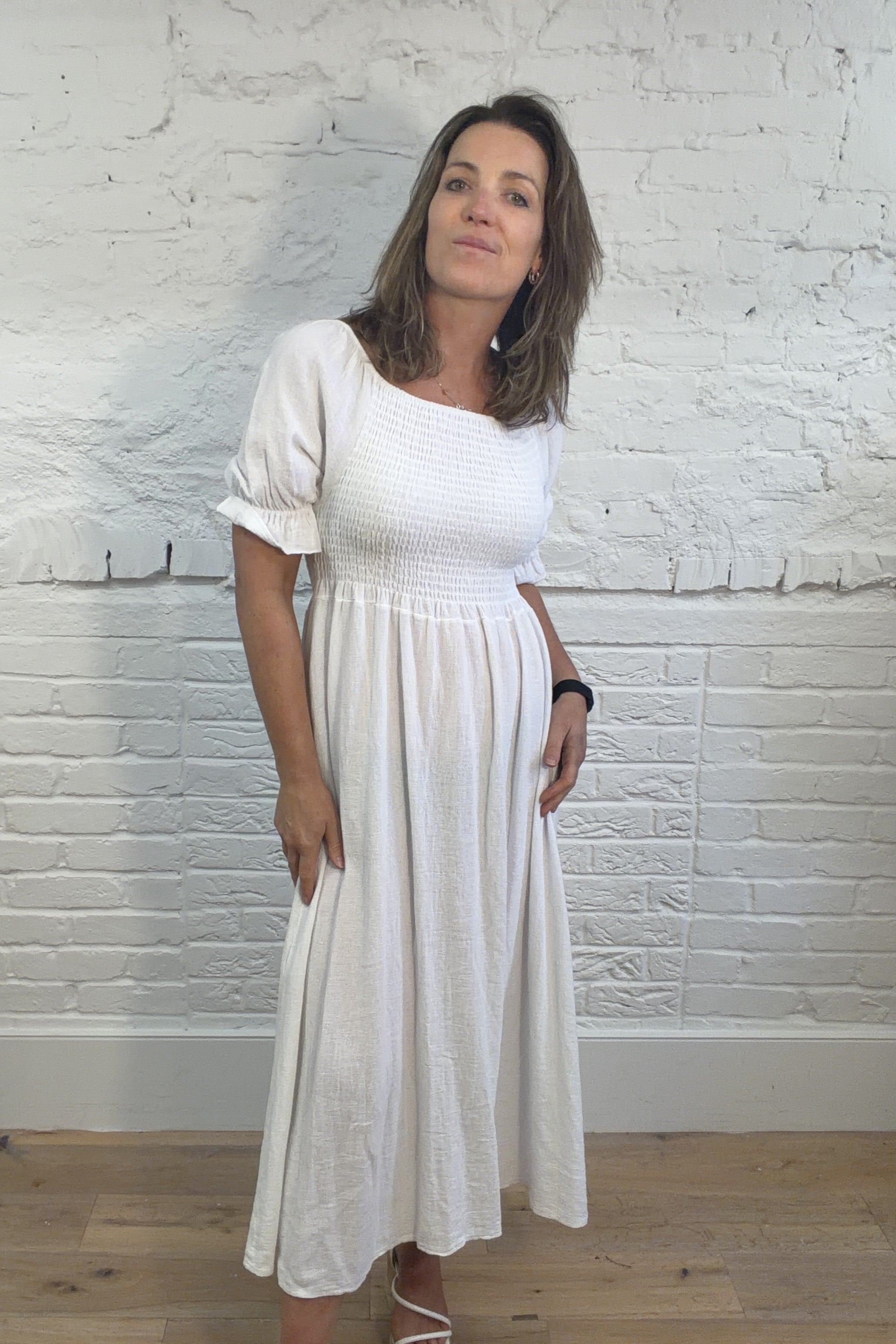 Cotton and Linen Mix Ruched Sleeve Dress