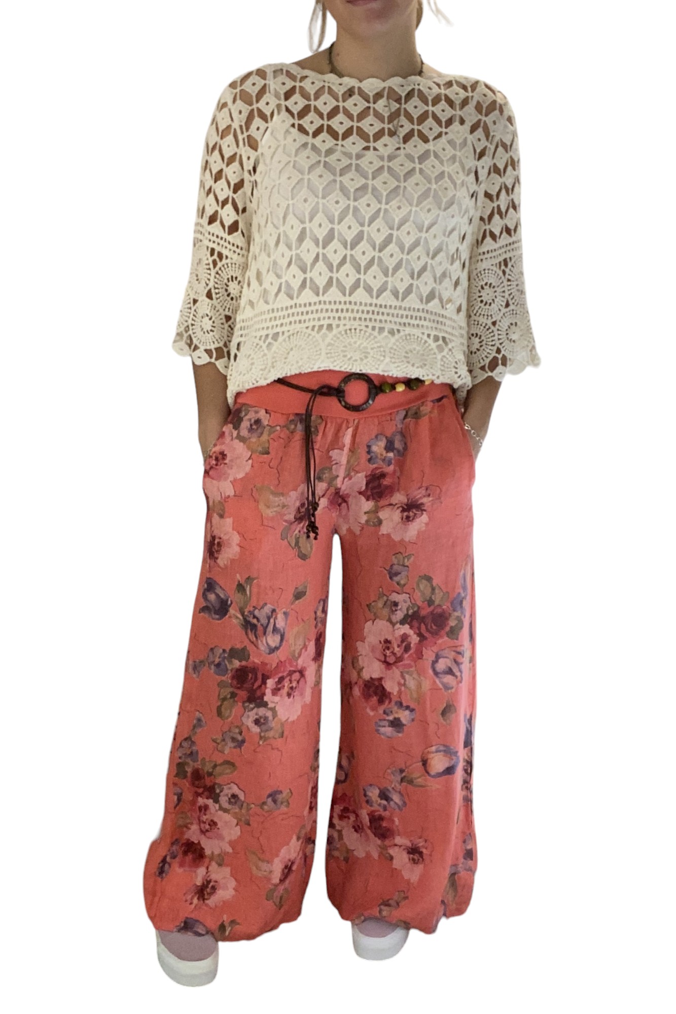 Floral Belted Linen Trousers